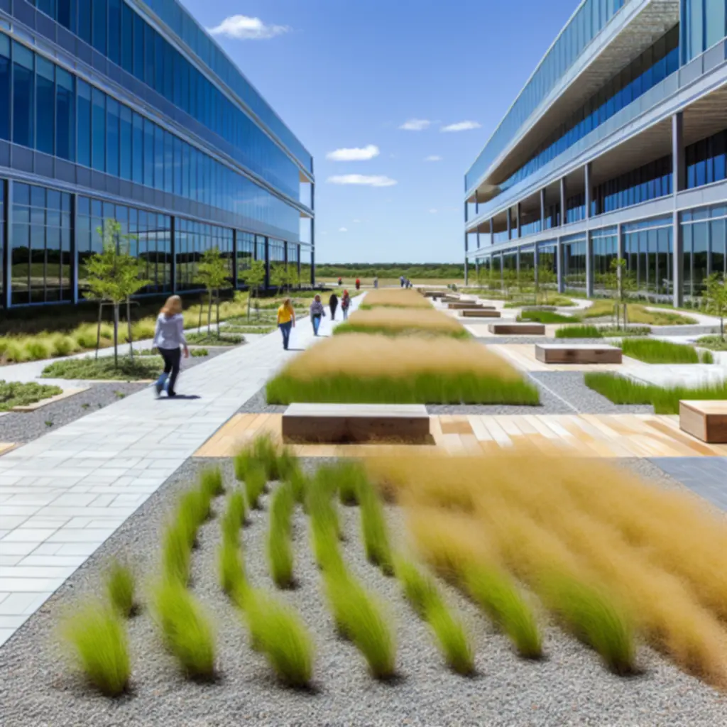 Komercyjny kampus z zielonymi obszarami i miejscami do odpoczynku