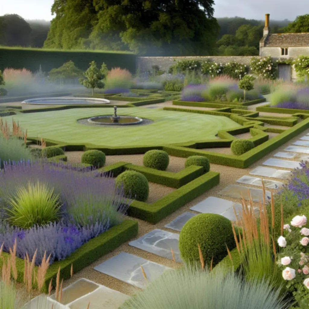 Ogród posiadłości Mercer z kamiennymi alejkami i rabatami bylin