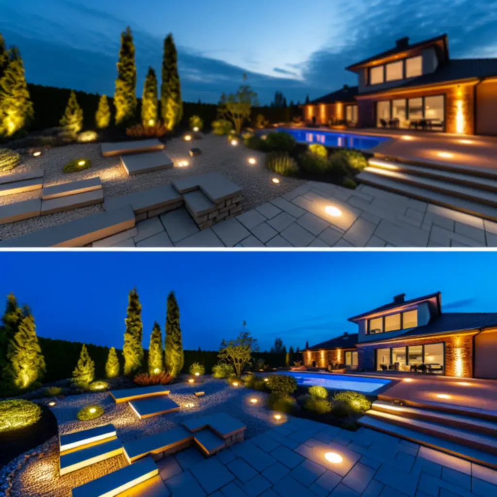 Oświetlony ogród w zmierzchu z warstwowym oświetleniem architektonicznym