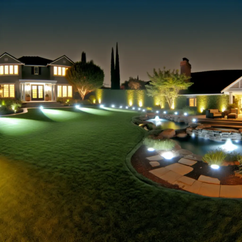 Nagradzana instalacja oświetleniowa w ogrodzie z podświetlonym stawem koi i klonem japońskim