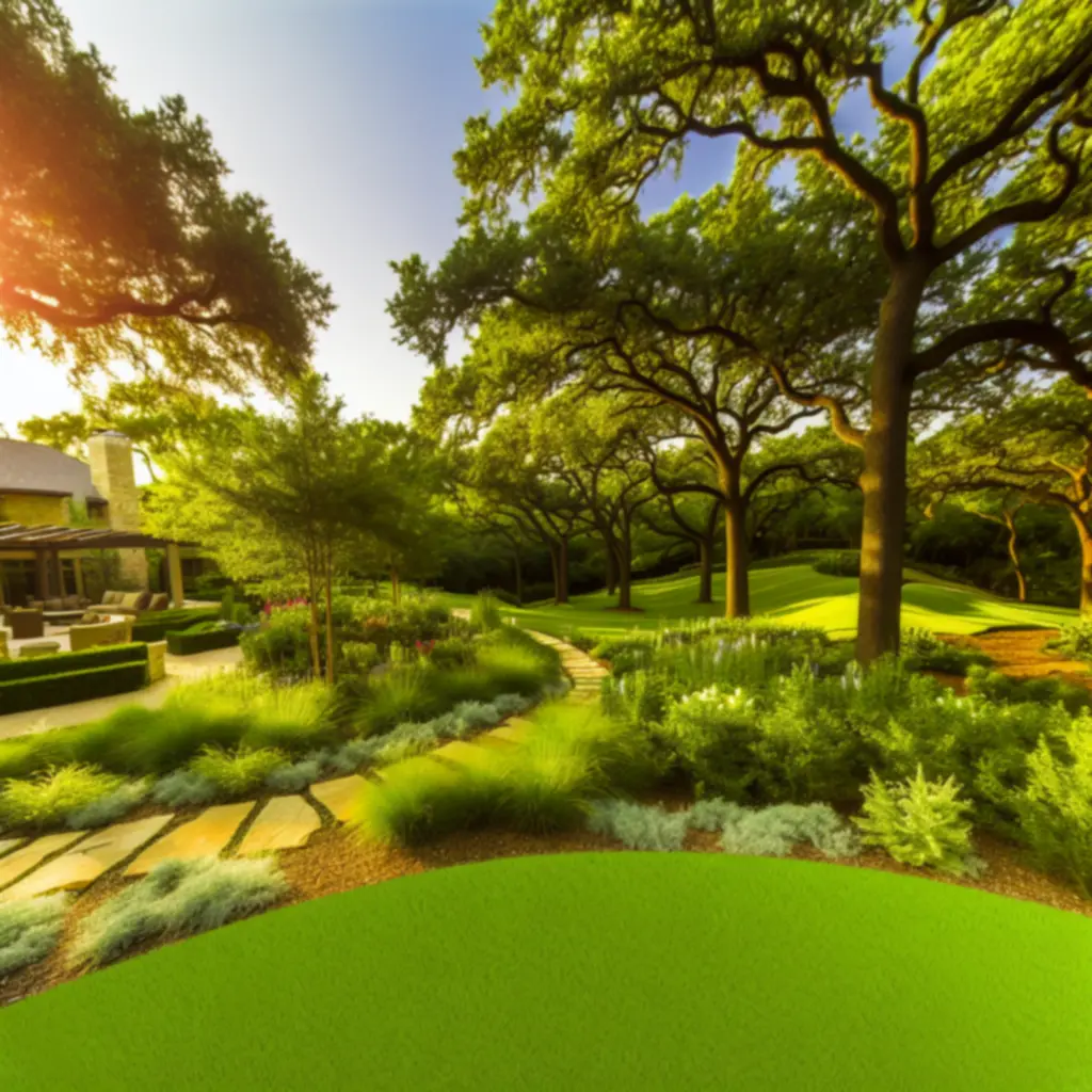 Panoramiczny widok na zaprojektowany ogród z zielonymi rabatami i alejkami