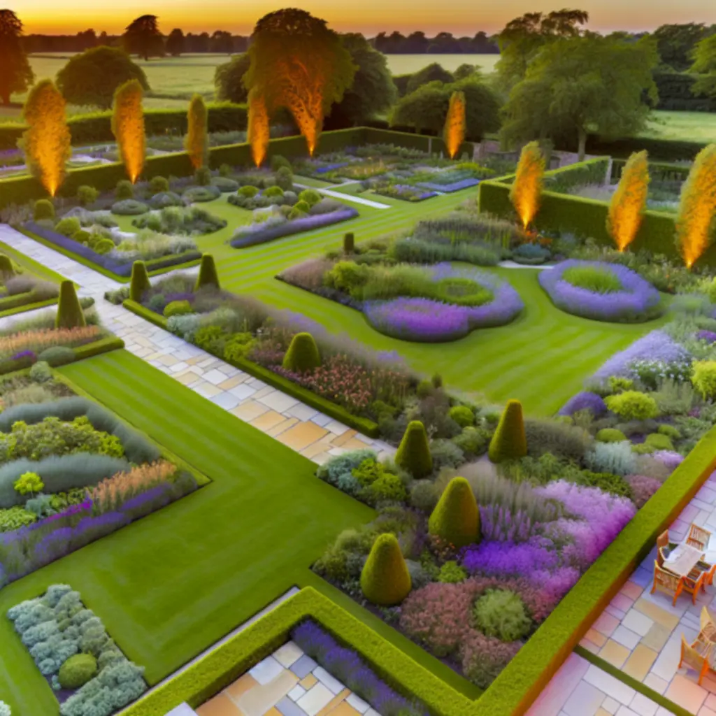 Malowniczy ogród o zachodzie słońca z architektonicznymi elementami i zielonymi nasadzeniami