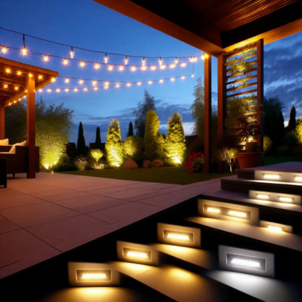 Warstwowe oświetlenie tarasu z efektami ambientowymi i akcentującymi