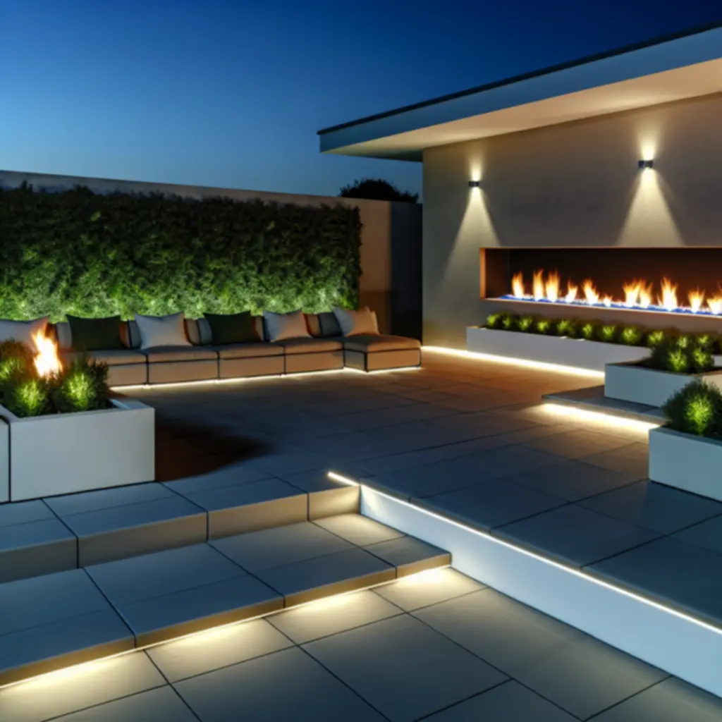 Nowoczesny taras do rozrywki z oświetleniem