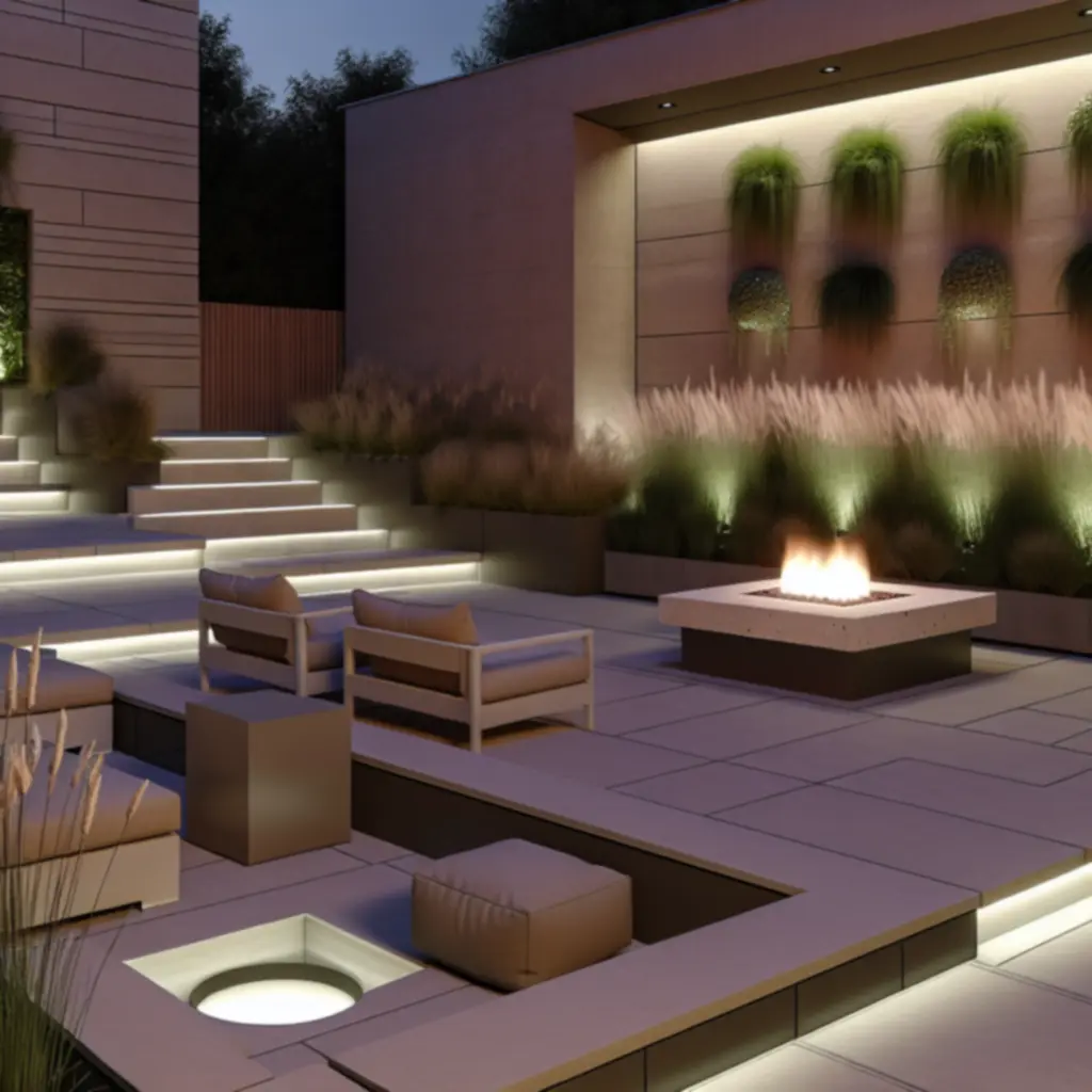 Nowoczesny taras z zielonymi nasadzeniami i strefą wypoczynku