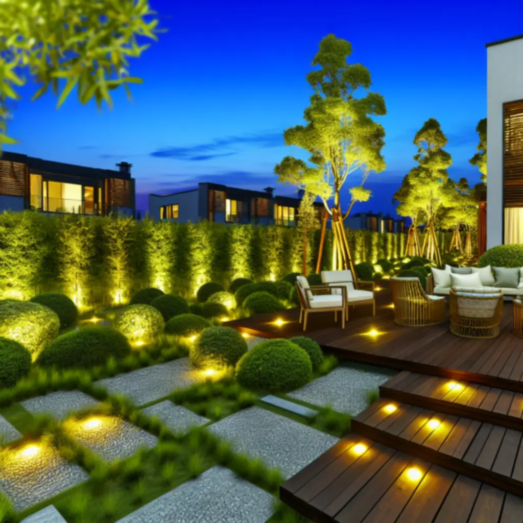 Ukończony ogród o zmierzchu z profesjonalnym oświetleniem