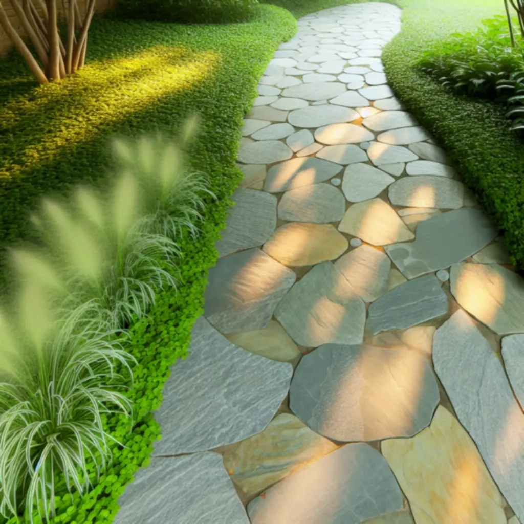 Rzeźbiarska ścieżka z naturalnego kamienia w otoczeniu zieleni