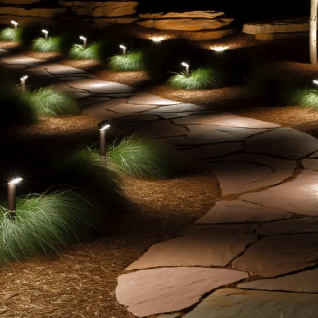 Kamienna ścieżka oświetlona dyskretnymi LED-owymi oprawami